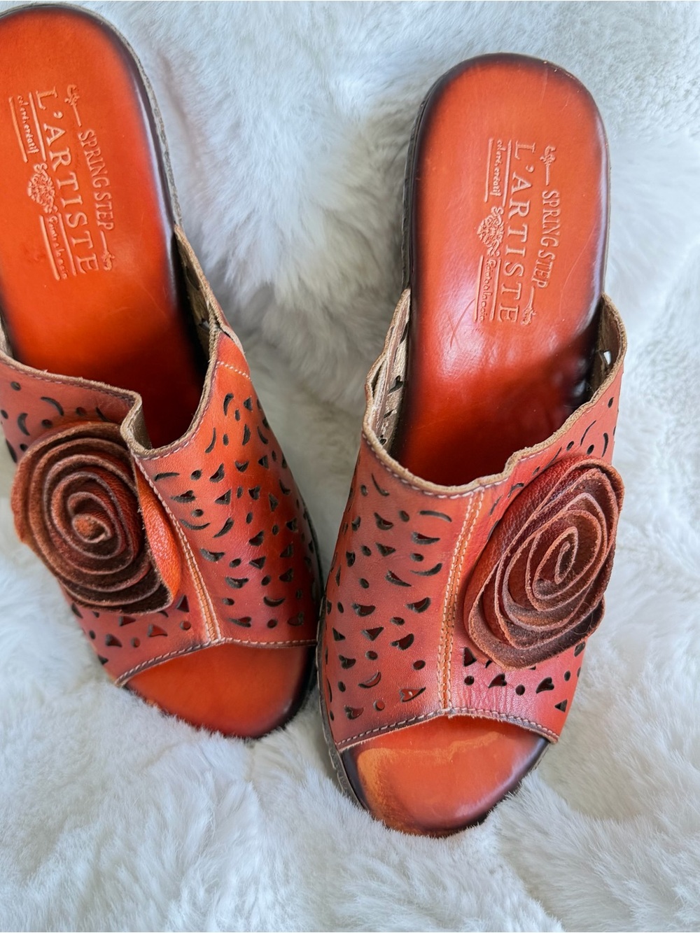 Spring Step L'Artiste Women's Orange/Rust Leather Slide Mules with Rosette